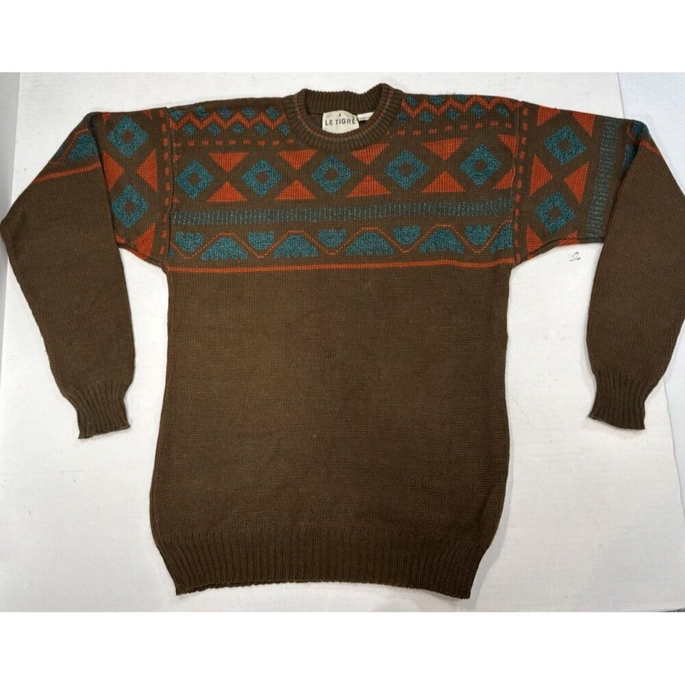 Le Tigre Coogi Style‎ Vintage Knit Cosby Sweater Turquoise Brown Red Medium